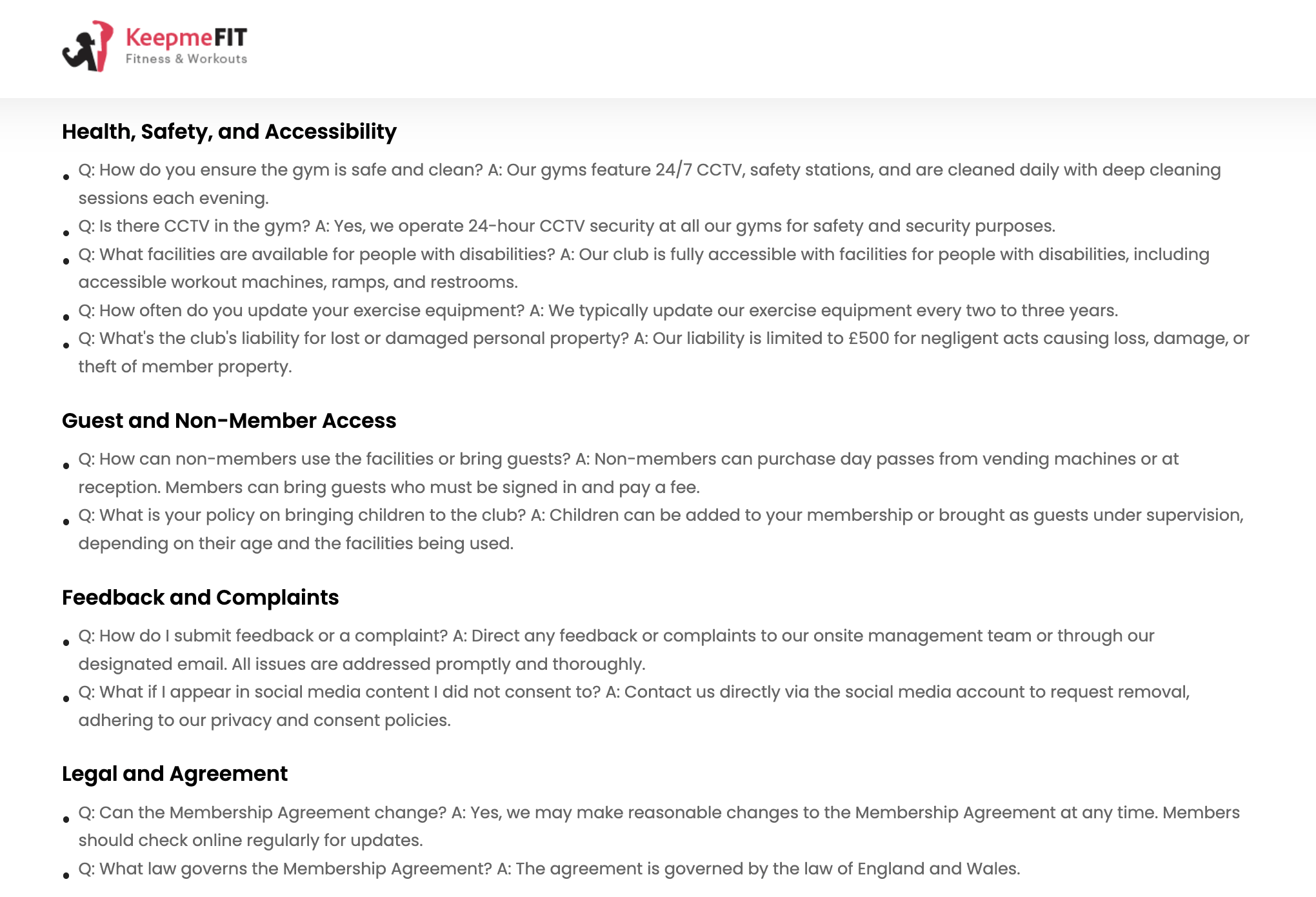 Example of a Gym FAQ section